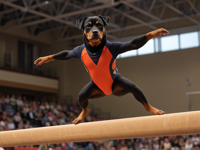Anthropomorphic Rottweiler in a vibrant gymnastics leotard performing a complex routine on the balance beam, showcasing agility and strength, with expressive eyes and detailed fur texture, surrounded by an audience in a well-lit gymnasium setting