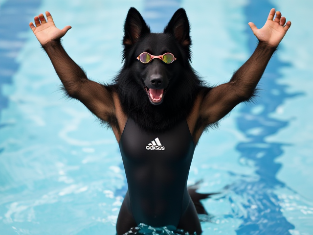 A tall anthropomorphic long haired black German shepherd wearing an adidas swimsuit and swimming goggles stretching her arms out straight into the air before a swim