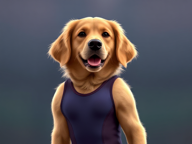 A anthropomorphic golden retriever Olympic gymnast wearing a leotard