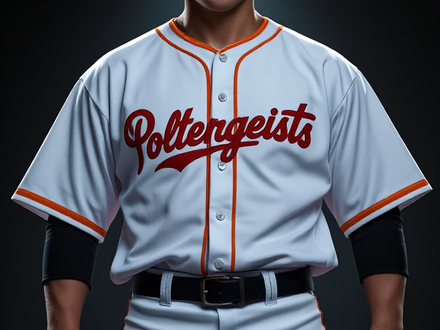 A white baseball jersey with poltergeists written across the front in red and orange with orange and red piping around the neck and cuffs of the jersey and white baseball pants with red and orange piping down the sides with a black belt and black sleeves