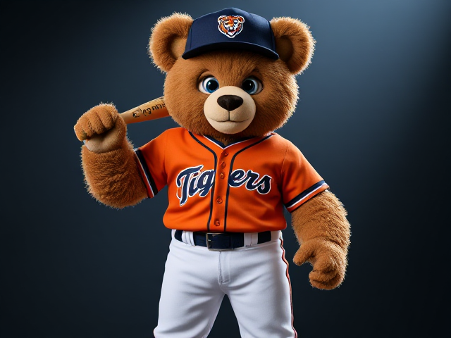 A human teddy bear 5 feet 8 Inches tall muscular body very curly light brown fur blue eyes wearing a tigers uniform navy hat with a tiger logo orange v neck jersey with tigers written across the front in navy and white white baseball pants with navy and orange piping down the sides navy socks white cleats posing holding a tan baseball bat with Theodore Haynes written across it