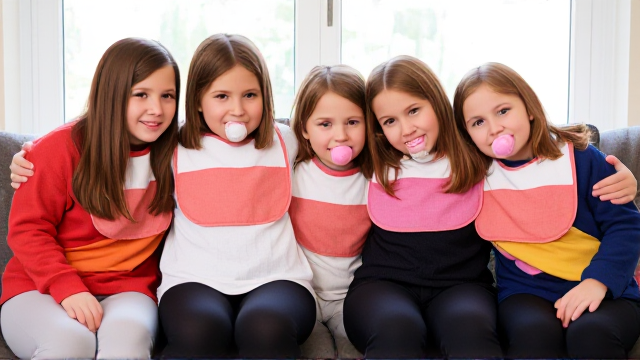 Quatre filles adolescentes aux cheveux lisses et dégagé et de différentes couleurs a l'avant assis dans un canapé avec des grands bavoirs multicolore et des tétines en bouches elles ont des pull de différentes couleurs que les Bavoirs et avec des pantalons elle se font un gros câlin et il y a une grande fenêtre derrière le canapé