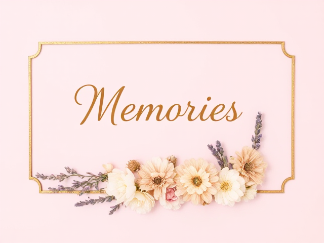 Create a banner. 
Background: A soft, pastel color like blush pink or light blue.
Main Elements:
Gold Frame: A delicate, golden frame to border the banner. 
Add Flowers: Dried or pressed flowers in shades of white, cream, and light pink arranged within the frame. Add a few sprigs of lavender for a touch of purple.
Use a script or calligraphy font for a nostalgic feel. The title is"Memories,"