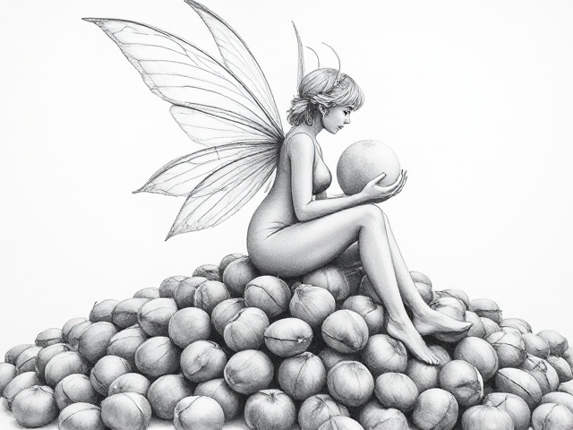 Side profile, wings relaxed, Hazelnut garden Fairy sitting on a pile of unshelled hazelnuts, holding a large sphere