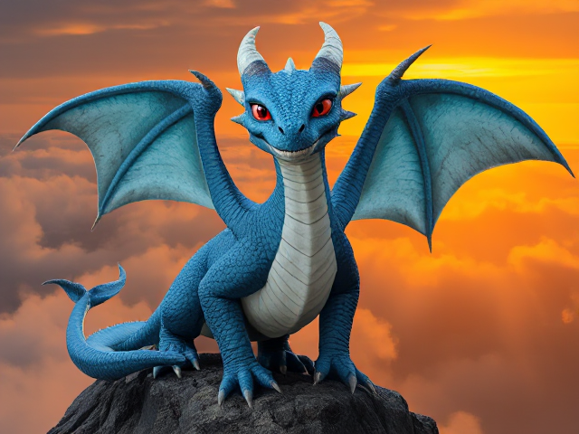 Young sky blue-scaled dragon with large, intricately detailed wings; shimmering white chest scales; solid red eyes; a third solid red eye in between the first two; adorned with multiple icicle-like horns on the head; surrounded by ethereal misty clouds; perched majestically on a rugged rocky cliff, illuminated by a dramatic sunset backdrop; maintains a serious facial expression; baring his teeth