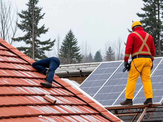 genere moi une image aux couleurs de noel ou je peux y voir des ouvriers du batiment dont un couvreur et une personne travaillant sur un chantier de panneaux solaires habillé avec un pantalon de travail carpenter de couleurs jaune