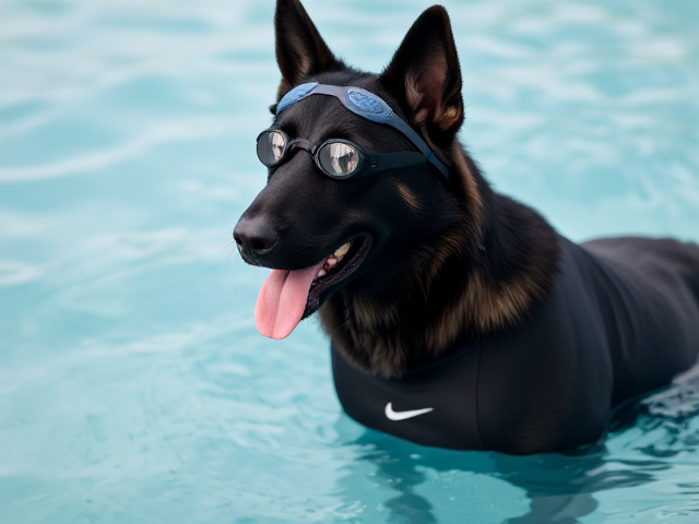 Anthropomorphic black German shepherd wearing a Nike swimsuit and swimming goggles