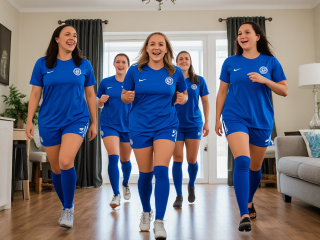women’s soccer team in blue uniforms and blue knee high socks walks around inside suburban home, laughing hysterically and uncontrollably again and again