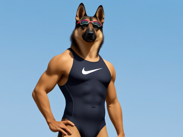 A tall anthropomorphic German shepherd with a long torso and broad shoulders wearing a high cut Nike one piece swimsuit and swimming goggles