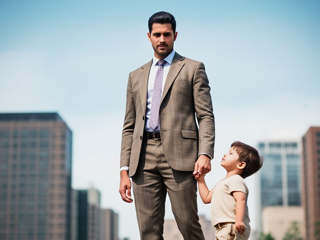 "Place a determined man in the center, wearing a slightly worn suit, with strong, focused eyes. He stands tall, holding the hand of a young child who looks up at him with admiration. The child is about four years old, dressed in simple clothes, symbolizing innocence and trust. Position them so the man’s stance shows resilience and protectiveness. The contrast of the worn suit against the bright cityscape in the background should highlight his journey from hardship to success. The style is impactful and inspiring, emphasizing strength, care, and transformation."