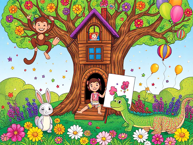 Create an enchanting cover for a toddler's coloring book that invites children into a magical adventure. Picture a colorful treehouse nestled in a vibrant, oversized tree, its branches adorned with bright, oversized flowers and playful, sparkling fairy lights. In front of the treehouse, a cheerful cartoon girl with rainbow-colored hair is joyfully painting a giant canvas, surrounded by a lively cast of adorable animals.

A mischievous monkey swings from the branches above, tossing colorful paint splatters that fall like confetti. Below, a fluffy bunny is playfully jumping through a patch of dazzling daisies, while a tiny, curious dragon with shimmering scales peeks out from behind the tree trunk, its eyes wide with excitement.

In one corner, a friendly dinosaur with big, expressive eyes is sitting down, carefully holding a crayon in its tiny claws, ready to join the fun. Surrounding the scene are floating, sparkling stars and colorful balloons drifting through the air, creating an atmosphere of joy and creativity.

The entire design should be bursting with vivid colors and whimsical details, enticing young children and their parents with a sense of adventure and imaginative play. This magical cover will ignite a passion for creativity in every child, making them eager to explore the colorful world within the book.
