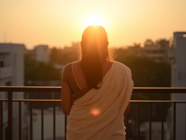 Indian woman's back turned on a balcony with a white saree on