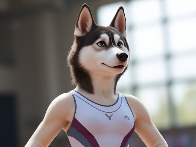 A anthropomorphic Siberian husky Olympic gymnast wearing a leotard