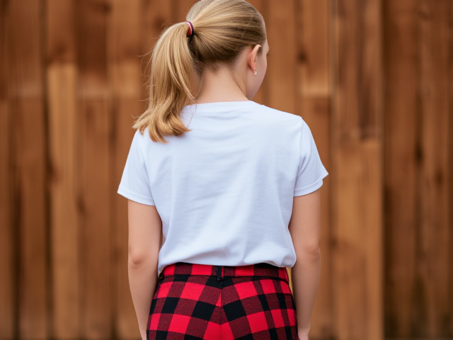 14 year old girl blonde ponytail butt in red and black plaid pants and white t Shirt