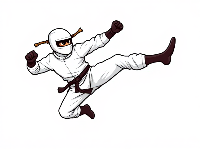 cartoonish 8 bit white ninja jump-kicking against a blank white background
