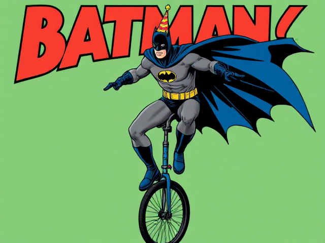 Batman riding a unicycle while wearing a birthday hat