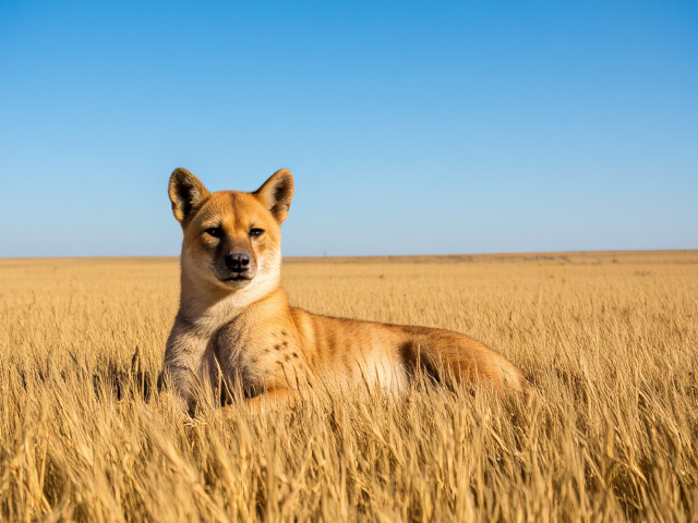Hyena relaxing in a golden wheat field, surrounded by the expansive rural landscape of North Dakota under a clear blue sky, during daylight hours