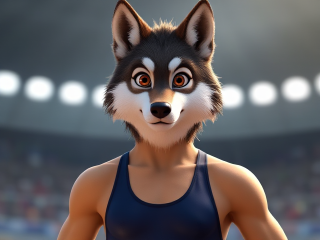 A anthropomorphic wolf Olympic swimmer wearing a one piece swimsuit