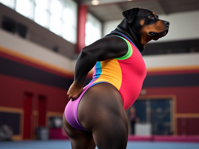 Anthropomorphic Rottweiler wearing a colorful gymnastics leotard, emphasizing its strong hips, in a vibrant gymnasium setting
