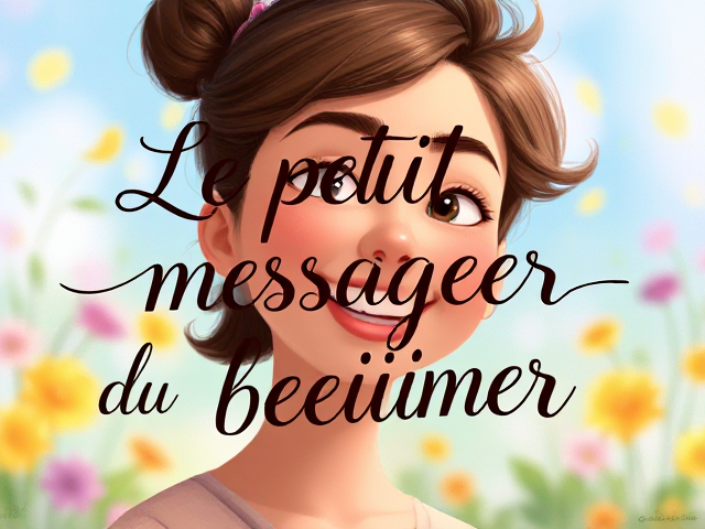 Texte élégant avec la phrase "Le petit messager du bonheur", style calligraphique, fond joyeux et coloré