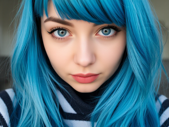 An eye-catchingly dressed blue-haired college girl with large eyes'