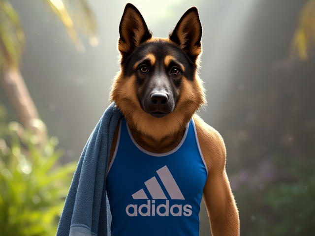A tall anthropomorphic German Shepherd wearing a adidas swimsuit drying off with a towel Seed 27826409