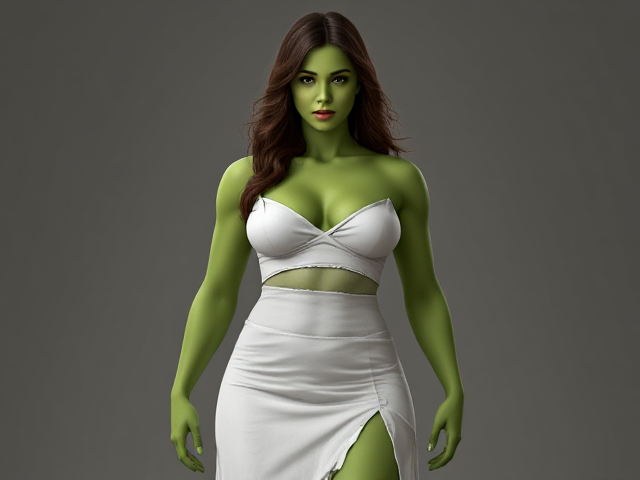 Create image of green She-Hulk wearing a badly ripped white dress standing.