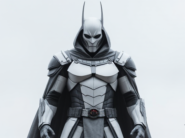 Comic book movie villain in white and grey body armor and a grey cloak