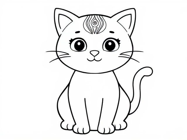 Create a simple black-and-white coloring page featuring a cute little cat designed in a sketch style. The cat should be illustrated as a full-body outline in a mandala style, ensuring it appears playful and approachable for young children aged 2 to 4. Design the cat with basic,friendly features, emphasizing a round body incorporating . Include a friendly expression to enhance its inviting character.