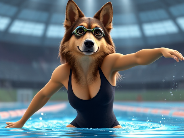 A anthropomorphic long haired German shepherd Olympic swimmer stretching her long torso, while wearing a one piece swimsuit and swimming goggles