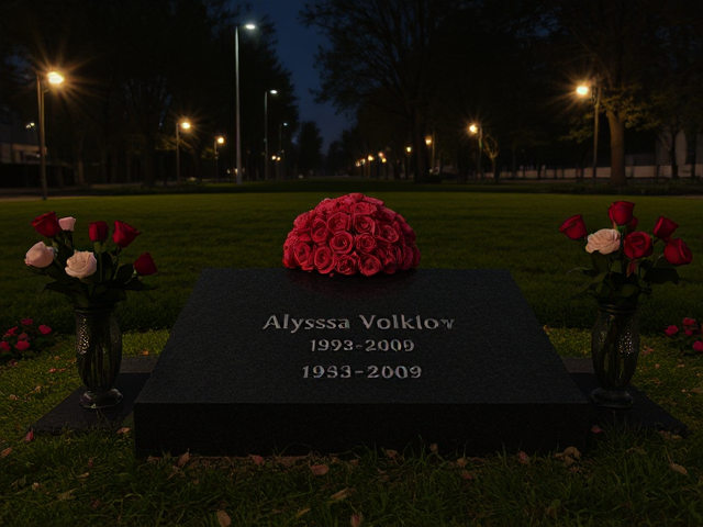 A grave that has the name 'Alyssa Volklov 1993-2009' engraved on it with roses in vases surrounding it at night