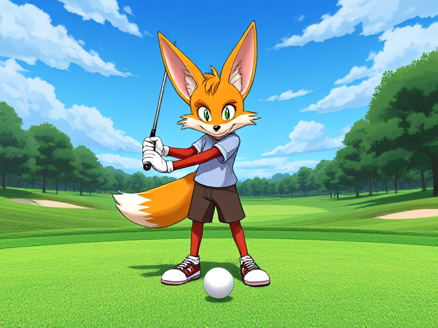 Miles Tails Prower, the two-tailed anthropomorphic fox, on a golf course teeing off from the green, performing an improbable trick shot where he hits the ball behind himself, wearing a sporty outfit with vibrant colors, surrounded by lush greenery and blue skies, showcasing dynamic motion and expression