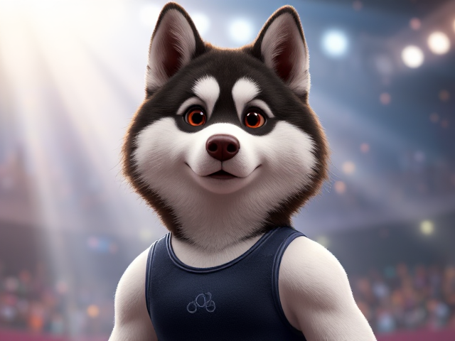 A Alaskan malamute Olympic gymnast with broad shoulders wearing a leotard