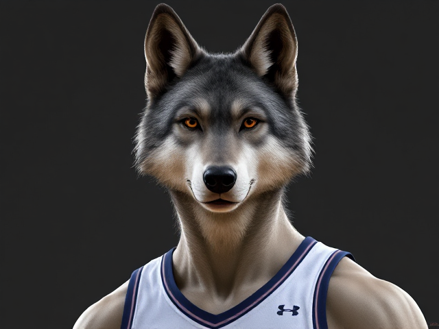 A tall and lean anthropomorphic gray wolf basketball player