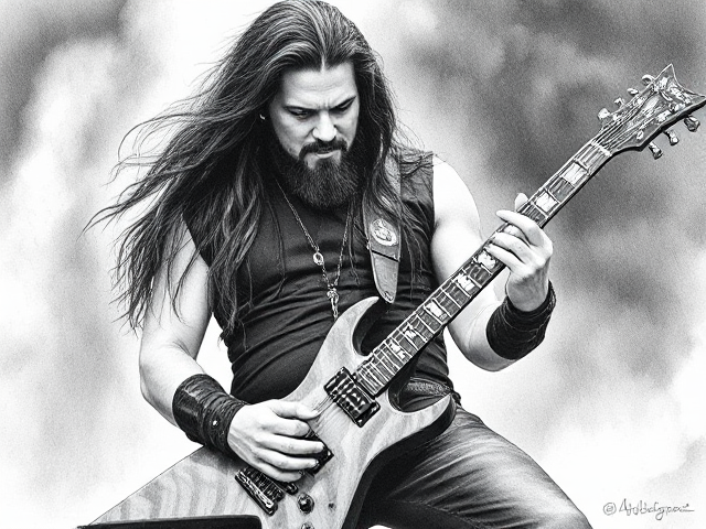 black and white pen lineart dark metal drawing dimebag darrell with dean ml cowboys from hell guitar