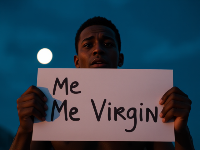 a brown skin man crying holding up a sign that reads "Me Virgin".