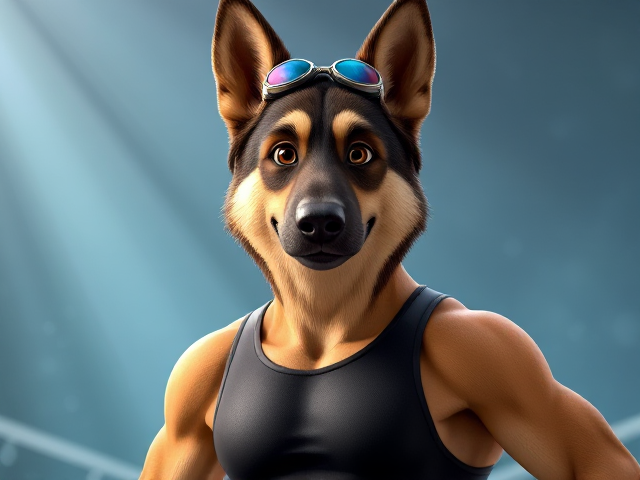 A tall anthropomorphic German shepherd Olympic swimmer with a long torso and broad shoulders wearing a racing swimsuit and goggles
