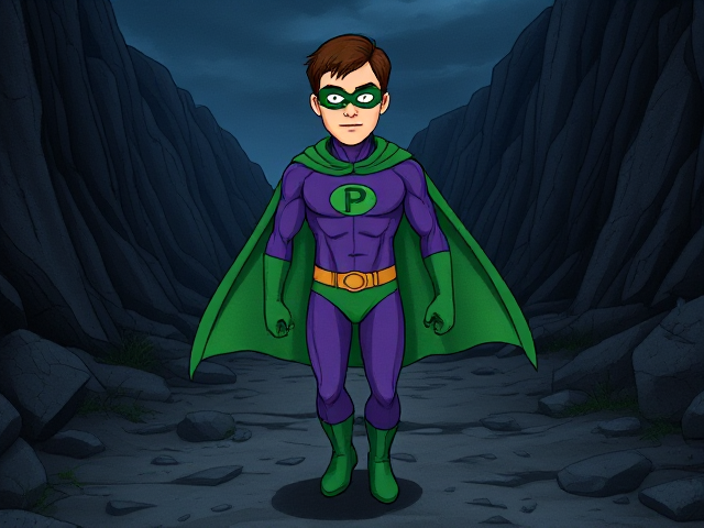 Dramatic and foreboding Cartoon Movie scene: A young, Autistic 25-year old boy with light skin and flat, smooth, and slick brown hair named T.J. Granger, but transformed into a genetically-altered superhero named Powerman, who, despite still being a young adult kid, has an extremely muscular body. He wears a sleek purple suit with a green P symbol on his chest, a gold belt with a circular buckle, green briefs, green boots, green long-cuffed gloves, a really big, heel-length long, ultra-wide green cape wreathed around his neck, and a green eye mask that protects his true identity and also causes his pupils to magically disappear as his eyes glow an eerie white. He also has incredible and invincible superpowers flowing through his veins. In this scene, Powerman is currently walking through a dark valley, being aware of anything that could attack him at any moment.