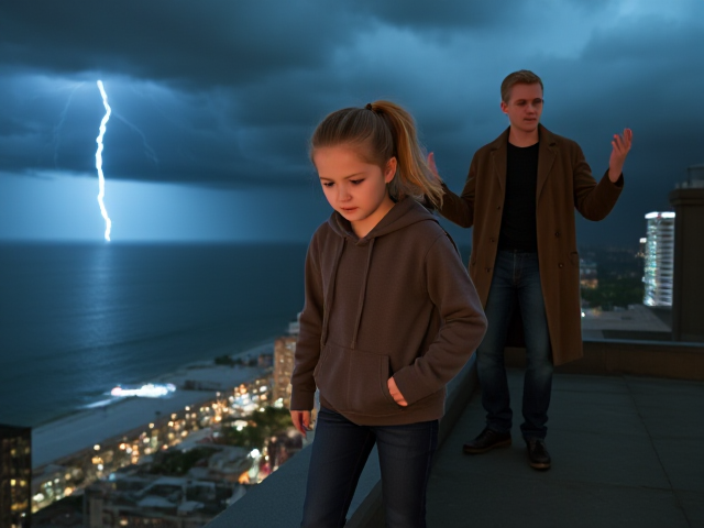 A petite 13-year-old girl with strawberry blonde hair in a ponytail, wearing a hooded pullover and jeans, is stepping onto the roof ledge of a night club. Next to her on the roof, behind her, is a modern-day, pale skinned vampire in his late twenties, with blonde hair, dressed in a brown trench coat and jeans. He appears uneasy as he looks at her. The girl gestures angrily at him, flailing her arms. A thunderstorm approaches the cityscape from the sea shore. Set at night.