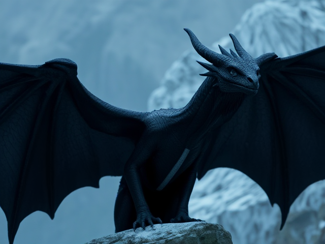 Darkstalker had ebony black scales and dark midnight-black wings, appearing as almost a pure NightWing except for a line of icy, white, silvery IceWing scales where his wings met his body, which Clearsight described to be cold when touched. He had one silver teardrop scale on the outward corner of each of his dark eyes, which indicated that he was a mind reader, and he had eyes that were as black as underground caverns. He had a narrow, handsome face, long, twisted horns, and was, after re-emerging from Agate Mountain, enormous, at least three times as tall as the largest living dragons. His huge wingspan was as wide as Agate Mountain, and he had a very long neck. He was handsome and powerfully built, with scales that felt as hard as armor due to his enchantment. He moved slowly and purposefully and spoke in a cavernous, booming, low rumble