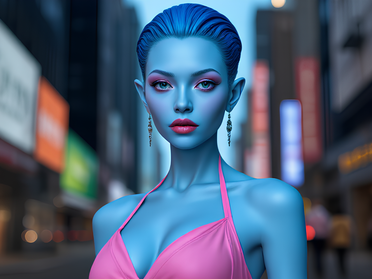 Create blue skin alien woman with blue hair  and wearing a pink dress realistic.