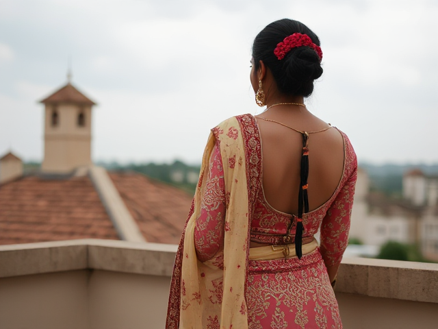 Indian woman in traditional Nikkah clothing with back turned on a balcony roof, skinny