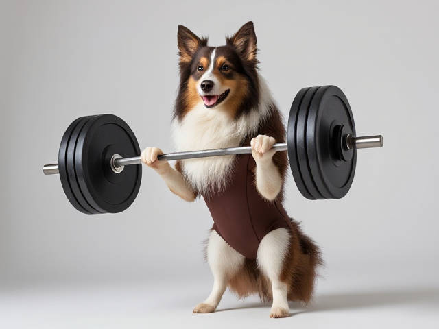 A Rough collie wearing a leotard lifting a barbell, full body view