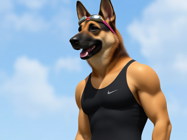 A tall anthropomorphic German shepherd with a long torso and broad shoulders wearing a high cut Nike one piece swimsuit and swimming goggles