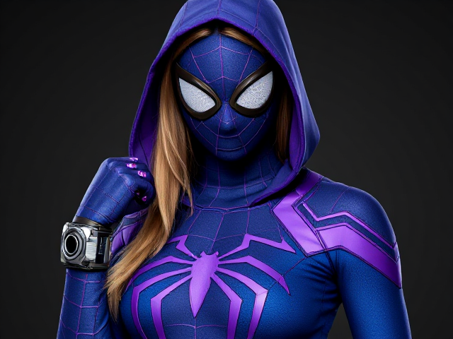 Créé une image d'un Spider-man avec un costume de femme bleu et violet avec un bracelet technologique et une capuche un masque de spider man