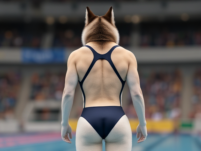 A tall anthropomorphic Siberian husky Olympic swimmer wearing a sportback swimsuit