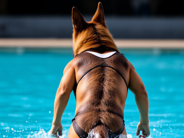 Anthropomorphic German shepherd with intricate fur detail, wearing a modern water polo swimsuit, displaying a strong and athletic physique in a dynamic action pose, utilizing vibrant colors and maintaining sharp focus throughout the image