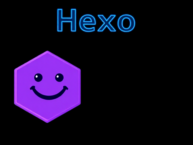 A 3D purple hexagon with a smiling face on a black background, title text "Hexo" in retro blue font at the top