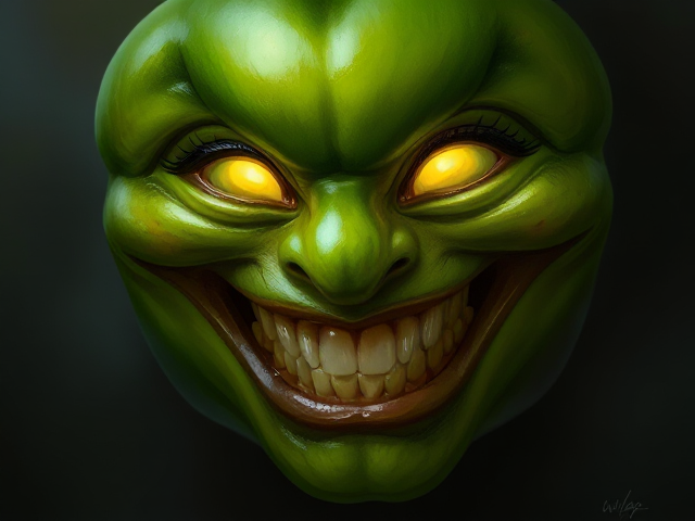 A Jalapeño Pepper smiling with human teeth and glowing eyes.