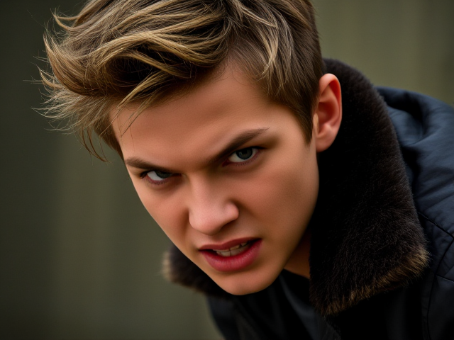Create a young man with an angry, intense expression, leaning forward slightly. Give him messy, spiky hair and a dark jacket with a fur collar to make him look rough and edgy.